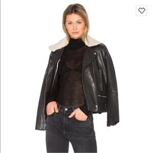MKT Studio Black Vulcania Leather Jacket with Removable Faux Sherpa Collar